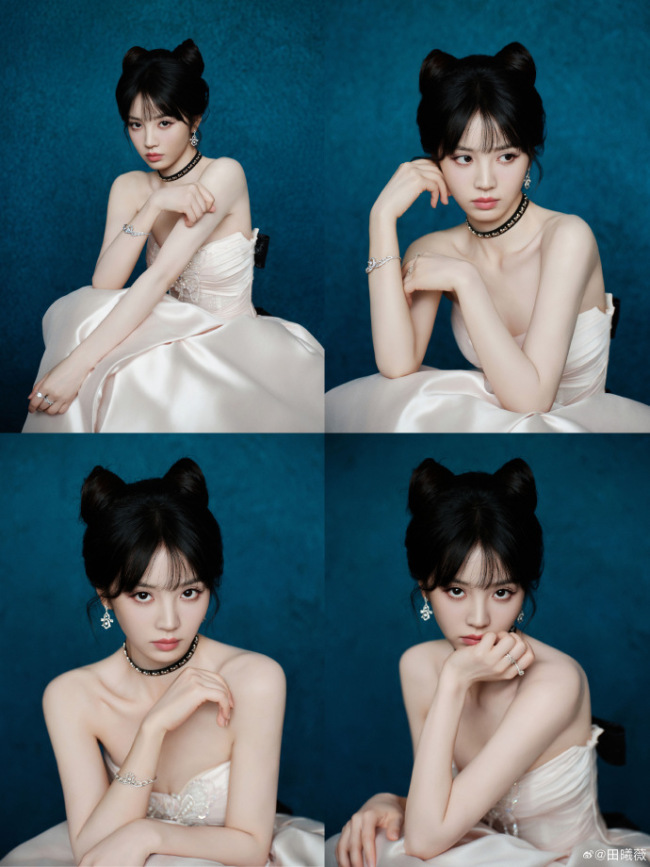 田曦薇身穿浅色抹胸长裙身材窈窕 尽显娇俏活泼