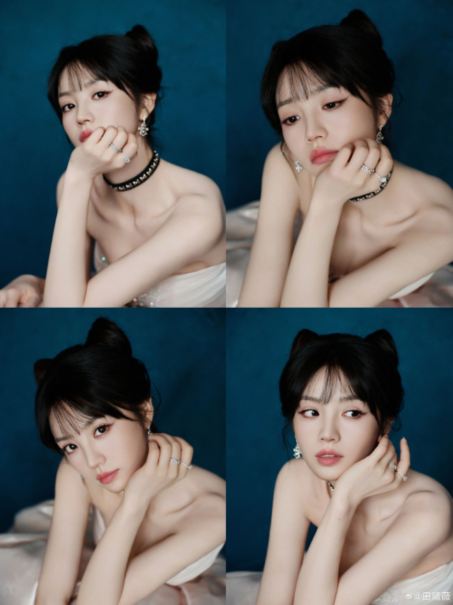 田曦薇身穿浅色抹胸长裙身材窈窕 尽显娇俏活泼